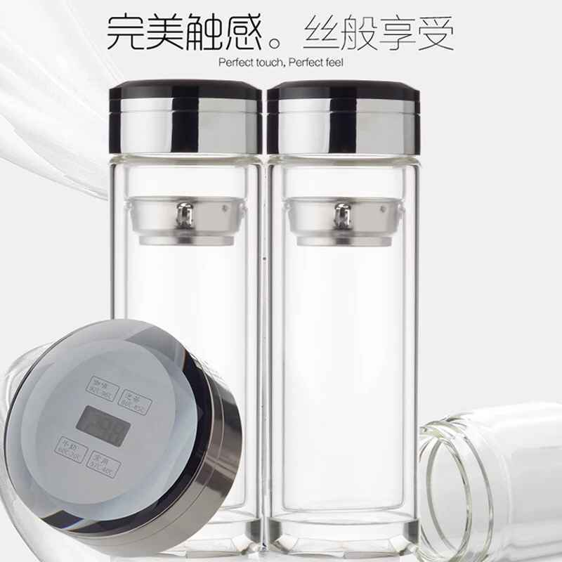温度计水杯,水晶双层玻璃杯便携透明茶水杯隔热过滤保温杯定制logo
